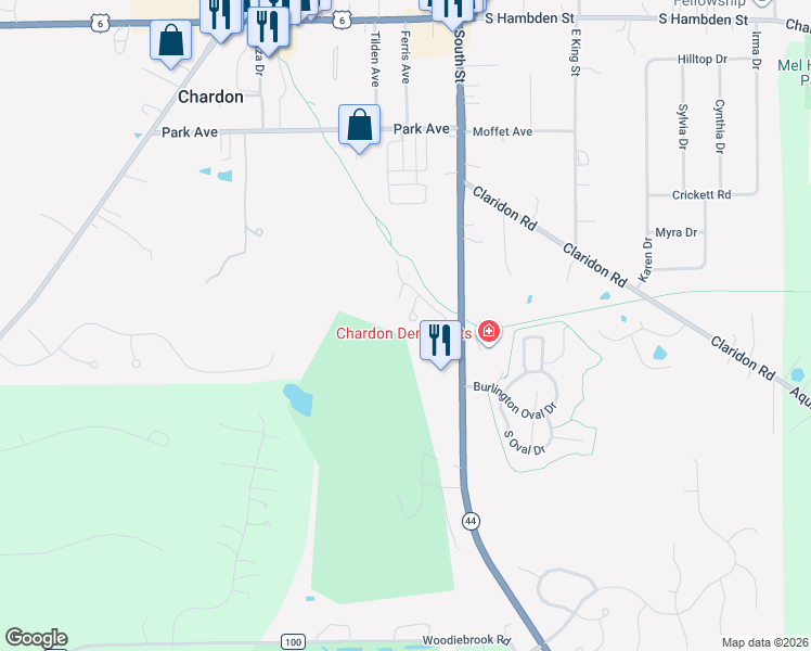 map of restaurants, bars, coffee shops, grocery stores, and more near 312 Park Avenue in Chardon