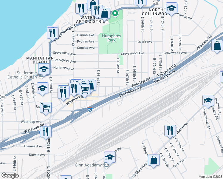 map of restaurants, bars, coffee shops, grocery stores, and more near 16207 Trafalgar Avenue in Cleveland