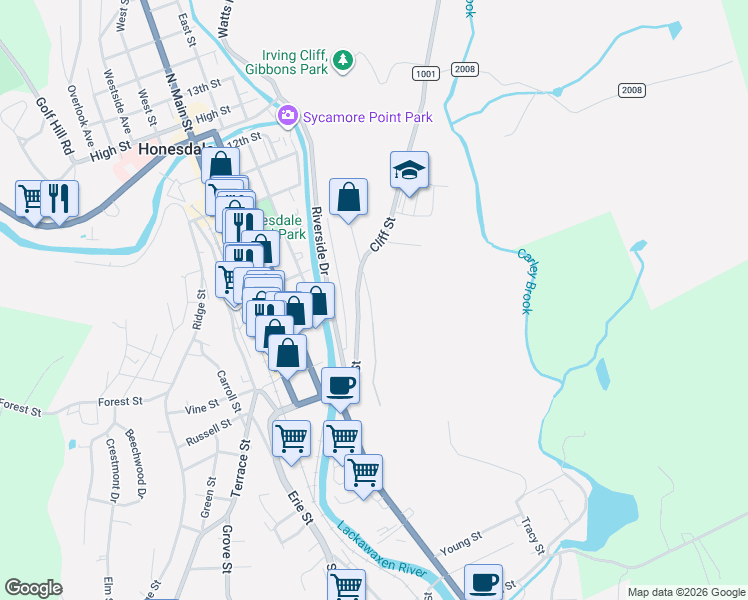 map of restaurants, bars, coffee shops, grocery stores, and more near 201 Castle St in Honesdale