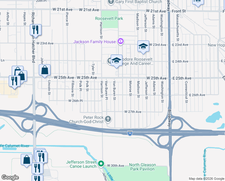 map of restaurants, bars, coffee shops, grocery stores, and more near 2540 Van Buren Street in Gary