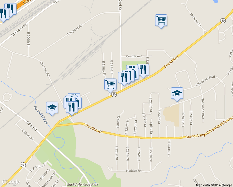 map of restaurants, bars, coffee shops, grocery stores, and more near in Euclid