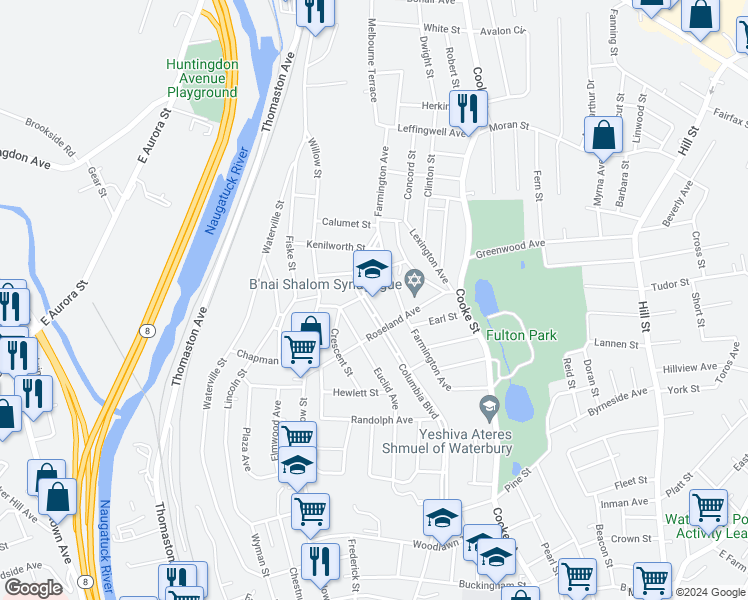 map of restaurants, bars, coffee shops, grocery stores, and more near 250 Columbia Boulevard in Waterbury