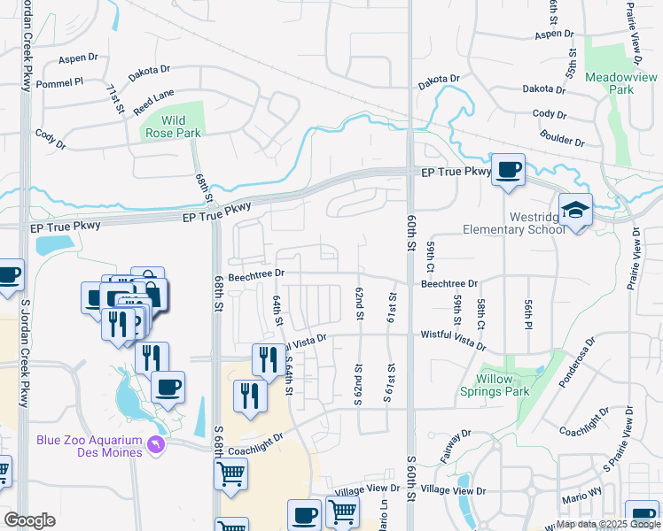map of restaurants, bars, coffee shops, grocery stores, and more near 6255 Beechtree Drive in West Des Moines