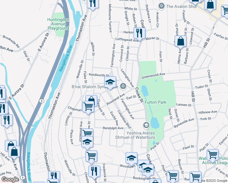 map of restaurants, bars, coffee shops, grocery stores, and more near 220 Columbia Boulevard in Waterbury