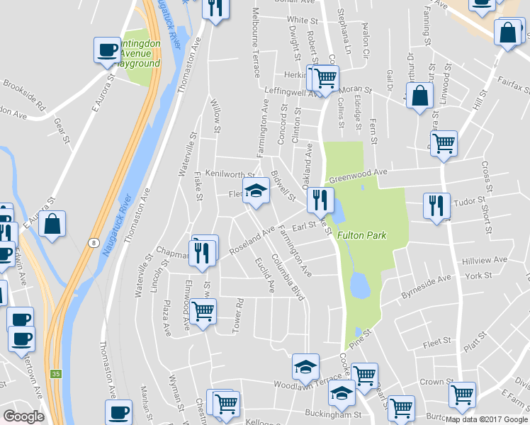 map of restaurants, bars, coffee shops, grocery stores, and more near 220 Columbia Boulevard in Waterbury