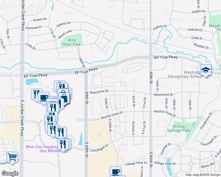map of restaurants, bars, coffee shops, grocery stores, and more near 6255 Beechtree Drive in West Des Moines