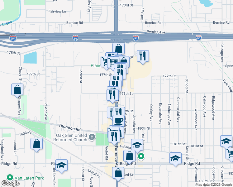 map of restaurants, bars, coffee shops, grocery stores, and more near Torrence Ave & 178th St in Lansing