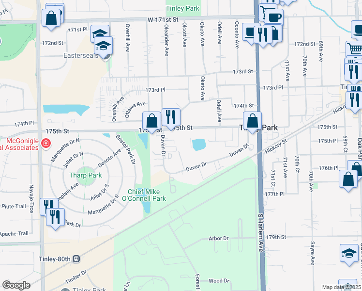 map of restaurants, bars, coffee shops, grocery stores, and more near 7543 175th Street in Tinley Park