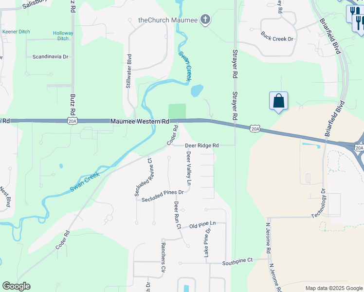 map of restaurants, bars, coffee shops, grocery stores, and more near 6950 Deer Ridge Road in Maumee