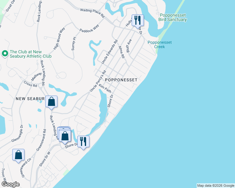 map of restaurants, bars, coffee shops, grocery stores, and more near 107 Shore Drive in Mashpee