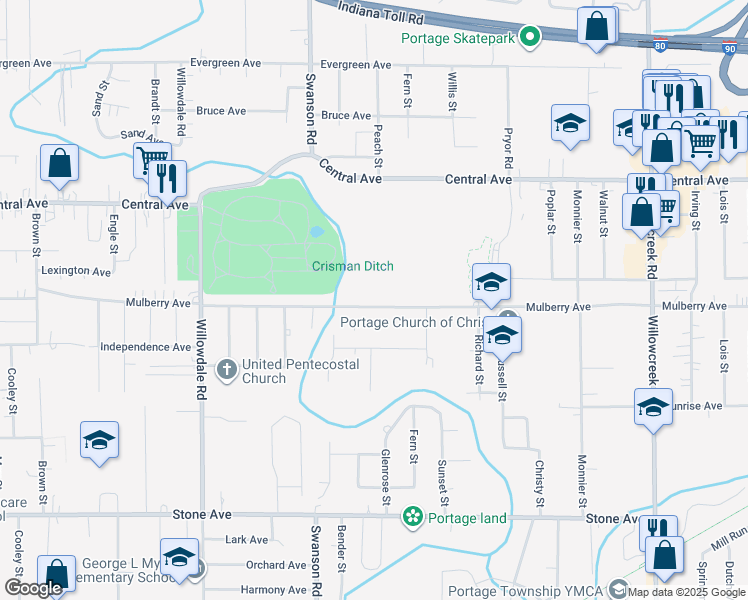 map of restaurants, bars, coffee shops, grocery stores, and more near 5690 Mulberry Avenue in Portage