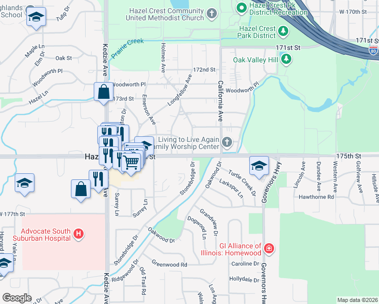 map of restaurants, bars, coffee shops, grocery stores, and more near 2900 175th Street in Hazel Crest