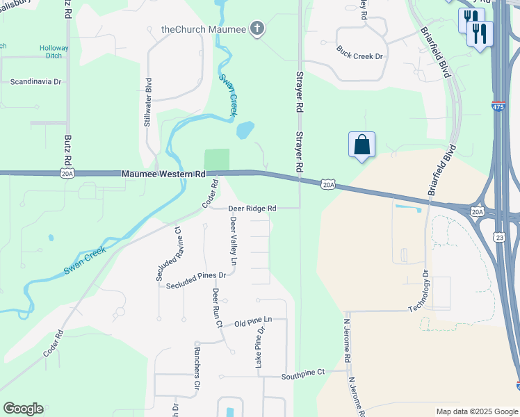 map of restaurants, bars, coffee shops, grocery stores, and more near 6950 Deer Ridge Road in Maumee