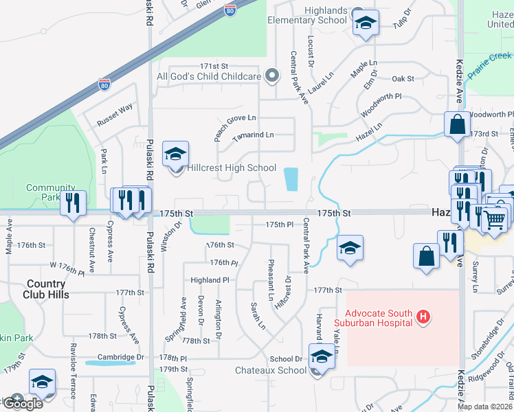 map of restaurants, bars, coffee shops, grocery stores, and more near 17433 Apple Tree Drive in Hazel Crest