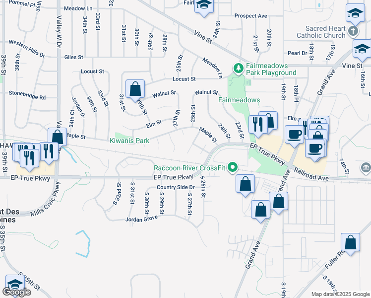 map of restaurants, bars, coffee shops, grocery stores, and more near 128 25th Court in West Des Moines