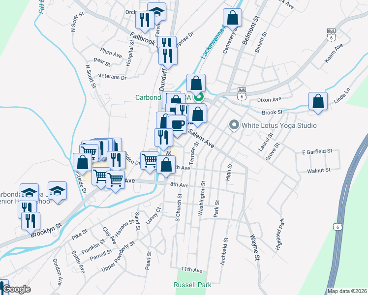 map of restaurants, bars, coffee shops, grocery stores, and more near 2 South Church Street in Carbondale