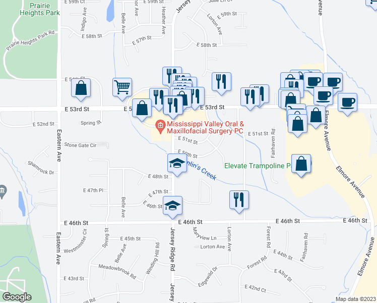 map of restaurants, bars, coffee shops, grocery stores, and more near 2434 East 50th Street Court in Davenport