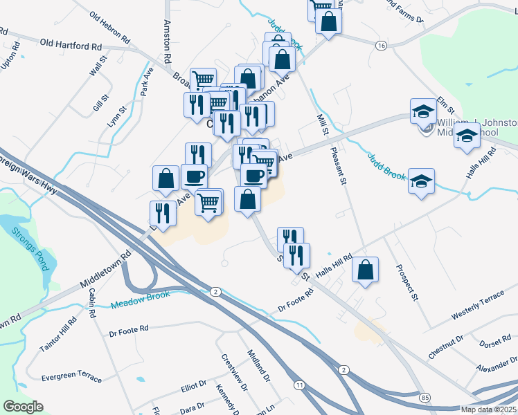 map of restaurants, bars, coffee shops, grocery stores, and more near 139 South Main Street in Colchester