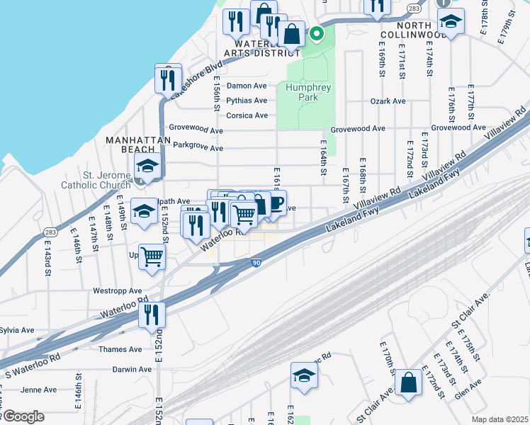 map of restaurants, bars, coffee shops, grocery stores, and more near 366 East 161st Street in Cleveland