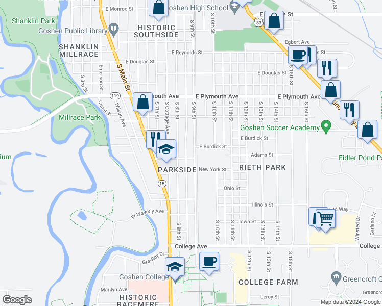 map of restaurants, bars, coffee shops, grocery stores, and more near 1023 South 9th Street in Goshen