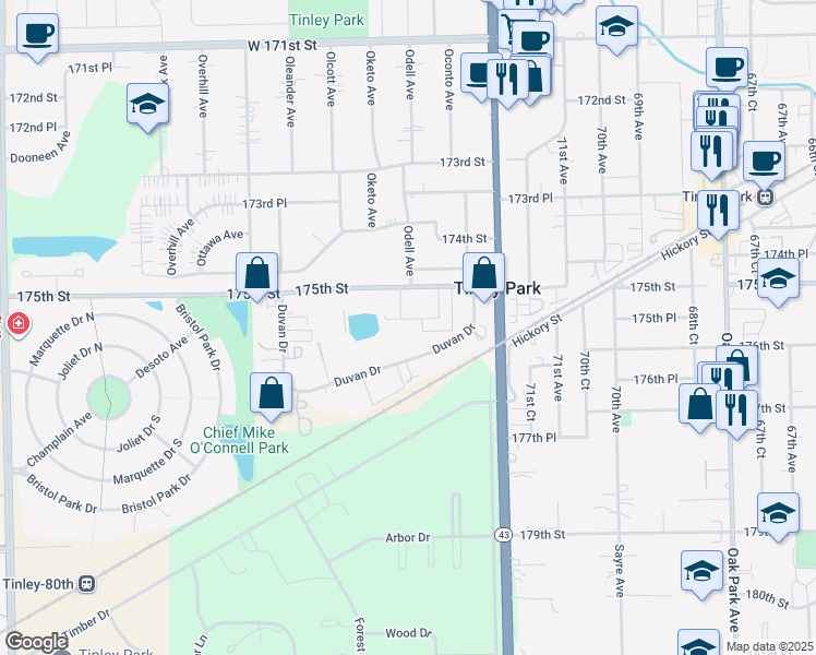 map of restaurants, bars, coffee shops, grocery stores, and more near 7330 Sandalwood Drive in Tinley Park
