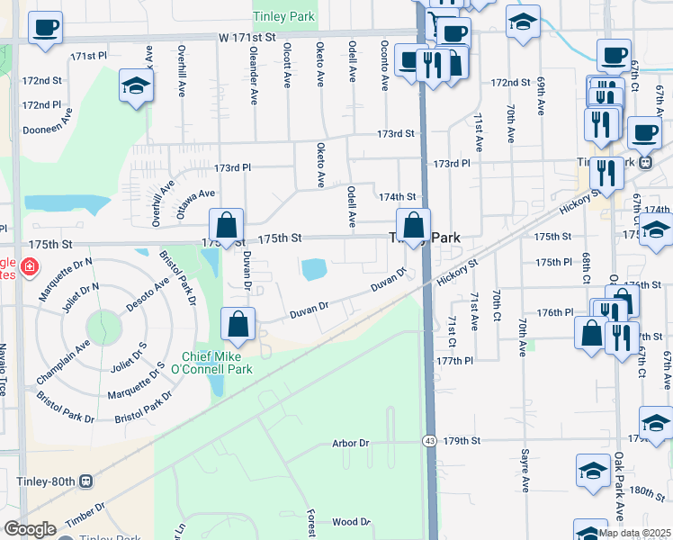map of restaurants, bars, coffee shops, grocery stores, and more near 7401 175th Street in Tinley Park