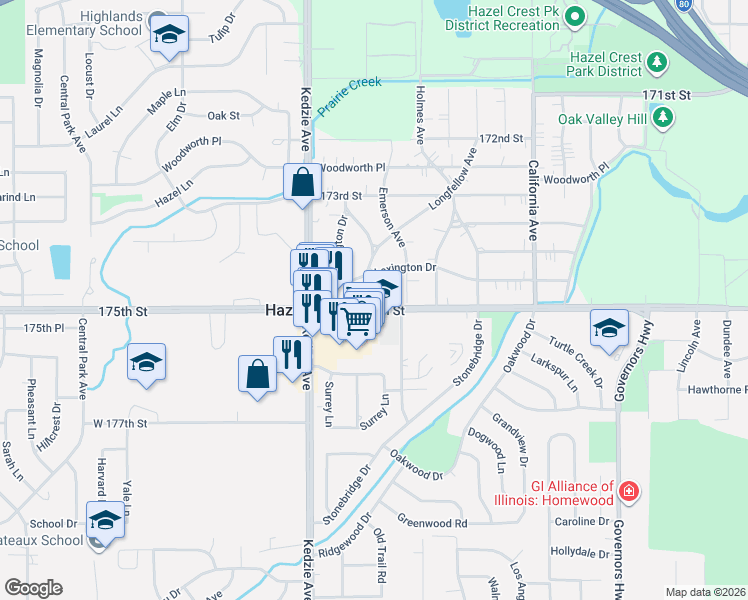 map of restaurants, bars, coffee shops, grocery stores, and more near 17403 Longfellow Avenue in Hazel Crest