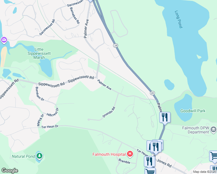 map of restaurants, bars, coffee shops, grocery stores, and more near 743 Palmer Avenue in Falmouth