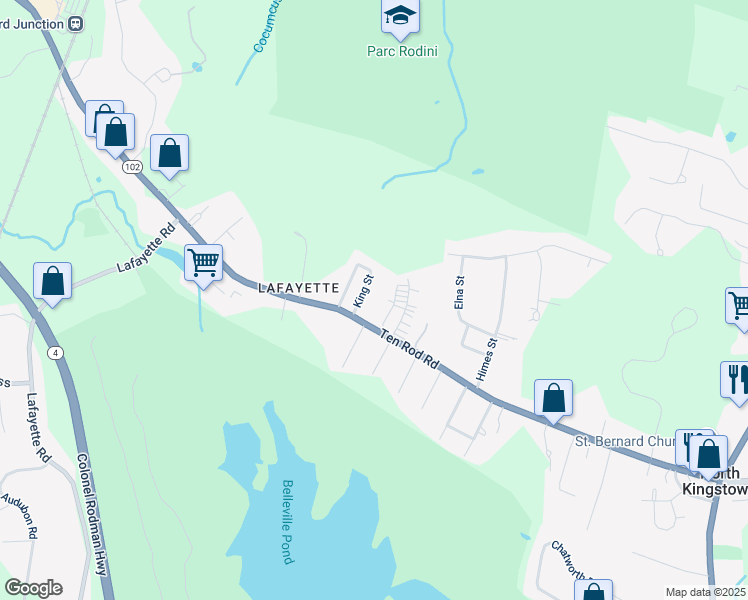 map of restaurants, bars, coffee shops, grocery stores, and more near 21 King Street in North Kingstown