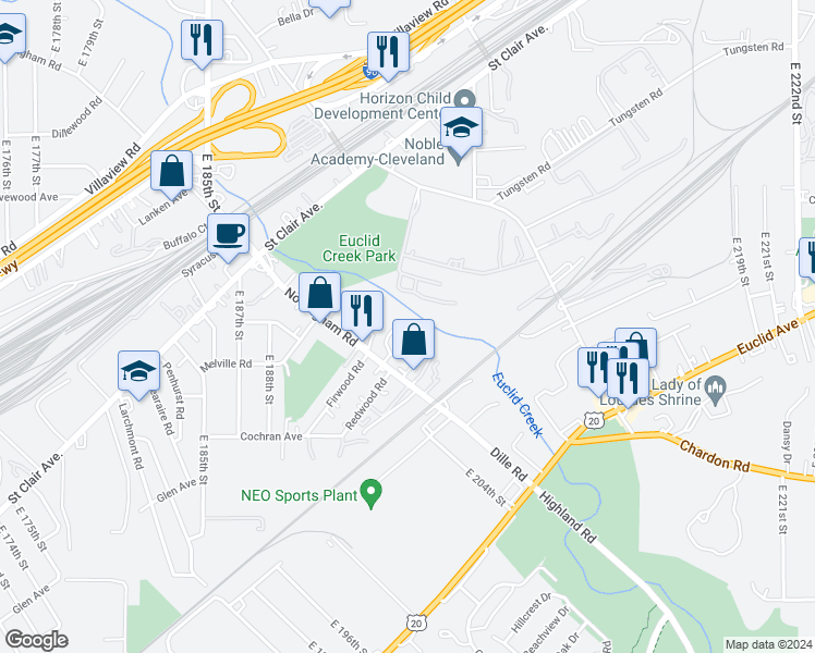 map of restaurants, bars, coffee shops, grocery stores, and more near 19629 Shelton Drive in Cleveland
