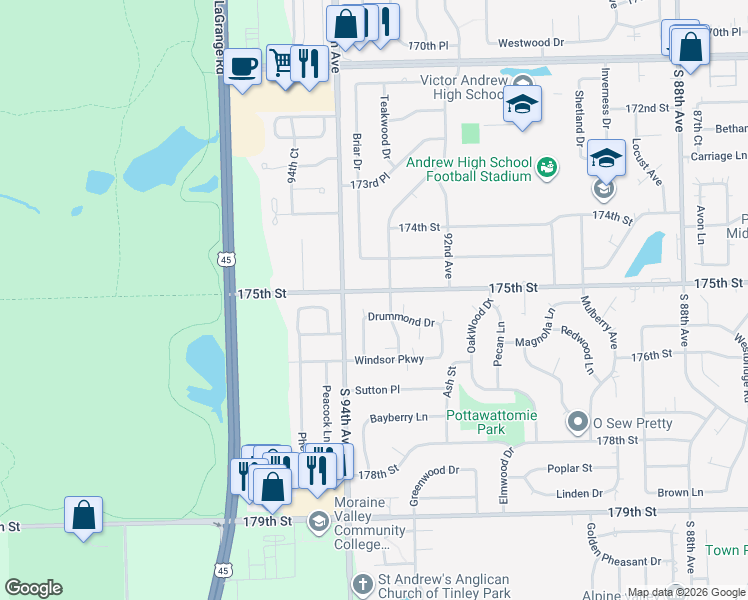 map of restaurants, bars, coffee shops, grocery stores, and more near 9318 175th Street in Tinley Park
