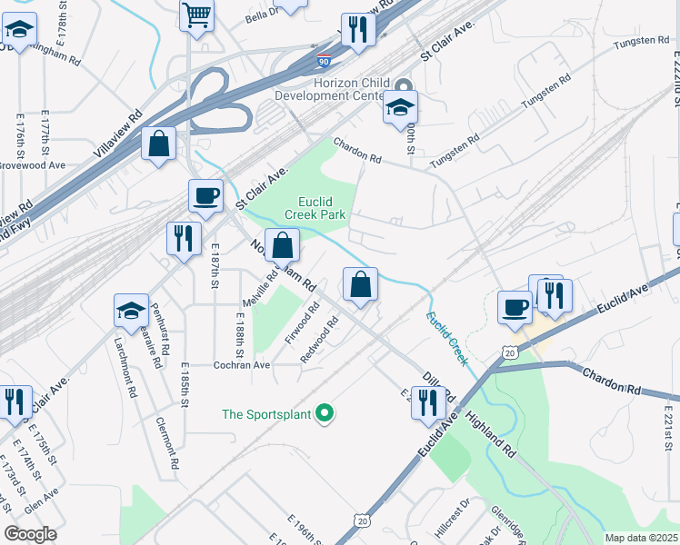 map of restaurants, bars, coffee shops, grocery stores, and more near 19609 Shelton Drive in Cleveland