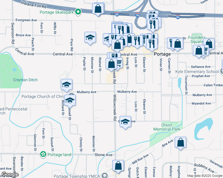 map of restaurants, bars, coffee shops, grocery stores, and more near in Portage