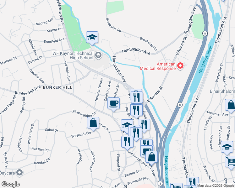 map of restaurants, bars, coffee shops, grocery stores, and more near 41 Windsor Street in Waterbury