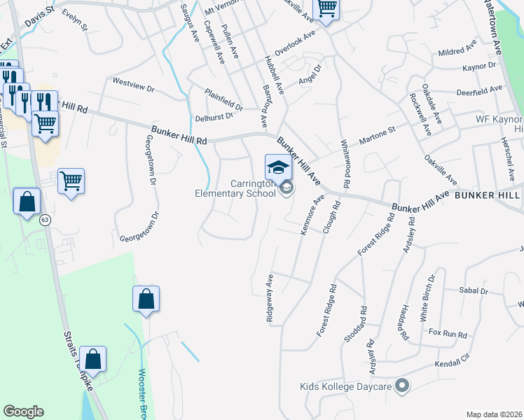 map of restaurants, bars, coffee shops, grocery stores, and more near 121 Heritage Drive in Waterbury