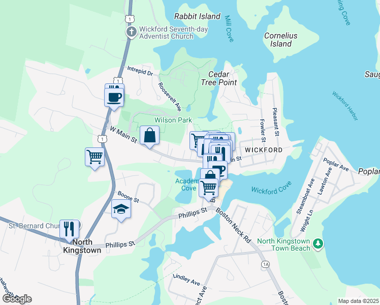 map of restaurants, bars, coffee shops, grocery stores, and more near 26 Newtown Avenue in North Kingstown