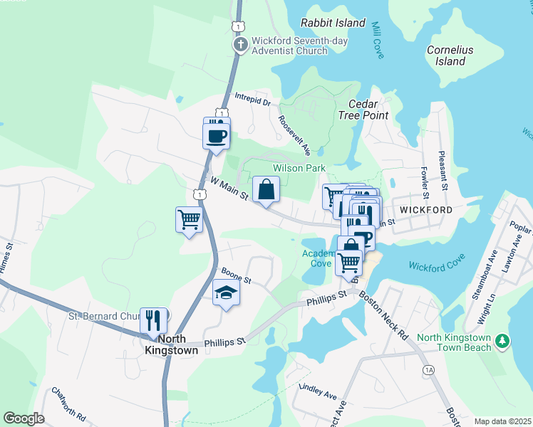 map of restaurants, bars, coffee shops, grocery stores, and more near 182 West Main Street in North Kingstown
