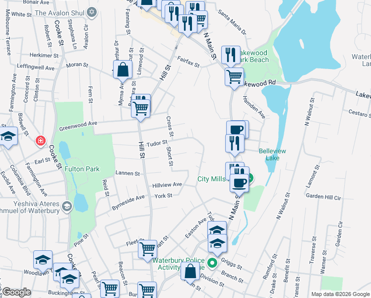map of restaurants, bars, coffee shops, grocery stores, and more near 285 Tudor Street in Waterbury