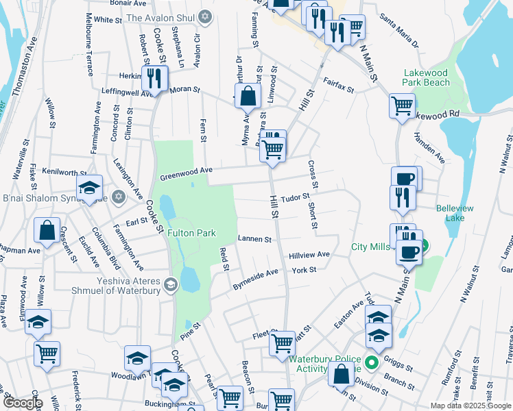 map of restaurants, bars, coffee shops, grocery stores, and more near 410 Tudor Street in Waterbury