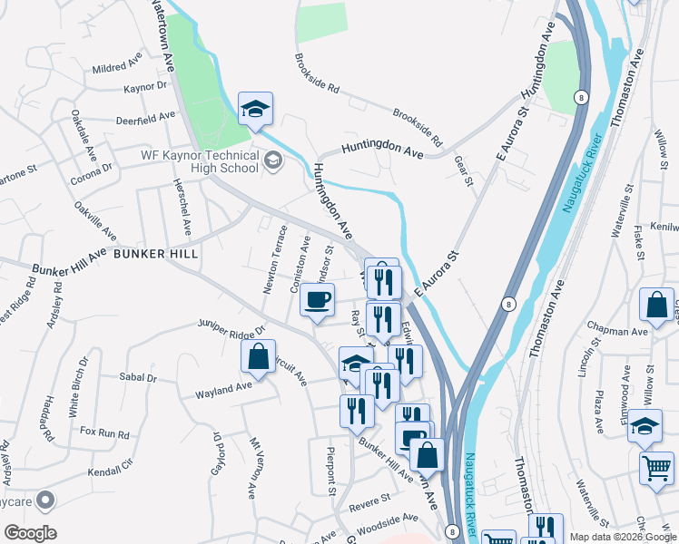 map of restaurants, bars, coffee shops, grocery stores, and more near 25 Windsor Street in Waterbury