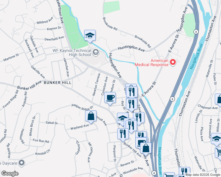 map of restaurants, bars, coffee shops, grocery stores, and more near 43 Coniston Avenue in Waterbury