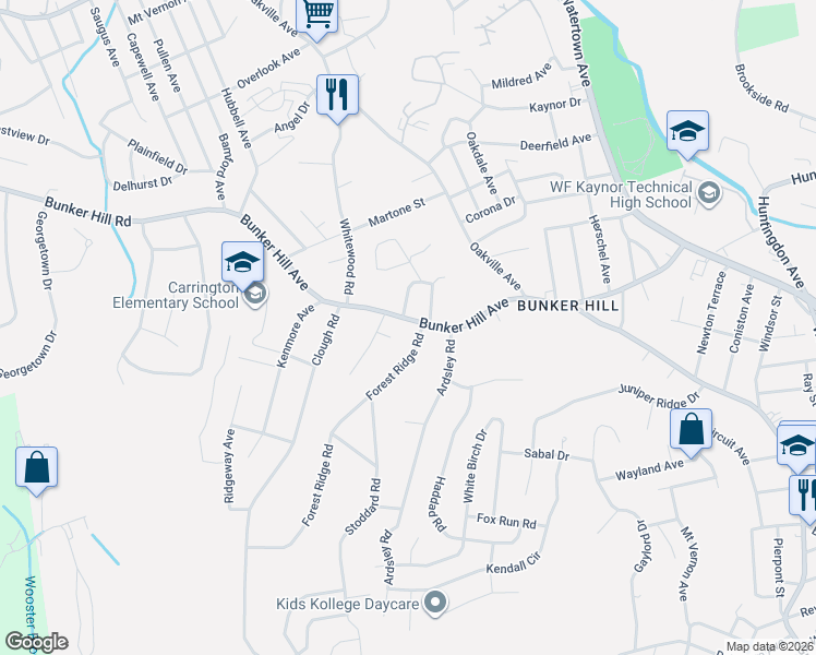 map of restaurants, bars, coffee shops, grocery stores, and more near 692 Bunker Hill Avenue in Waterbury