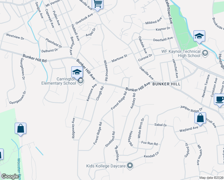 map of restaurants, bars, coffee shops, grocery stores, and more near 735 Bunker Hill Avenue in Waterbury