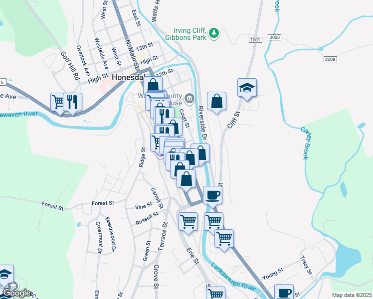 map of restaurants, bars, coffee shops, grocery stores, and more near 220 8th Street in Honesdale