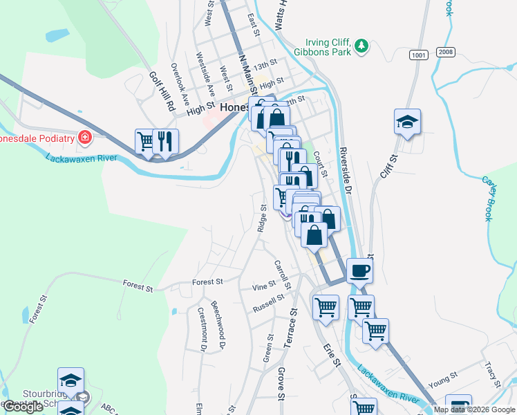 map of restaurants, bars, coffee shops, grocery stores, and more near 385 Broad St in Honesdale