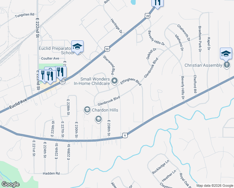 map of restaurants, bars, coffee shops, grocery stores, and more near 23990 Effingham Boulevard in Euclid