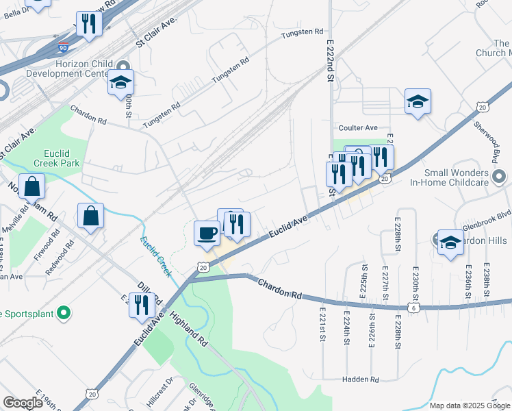 map of restaurants, bars, coffee shops, grocery stores, and more near 21471 North Street in Euclid