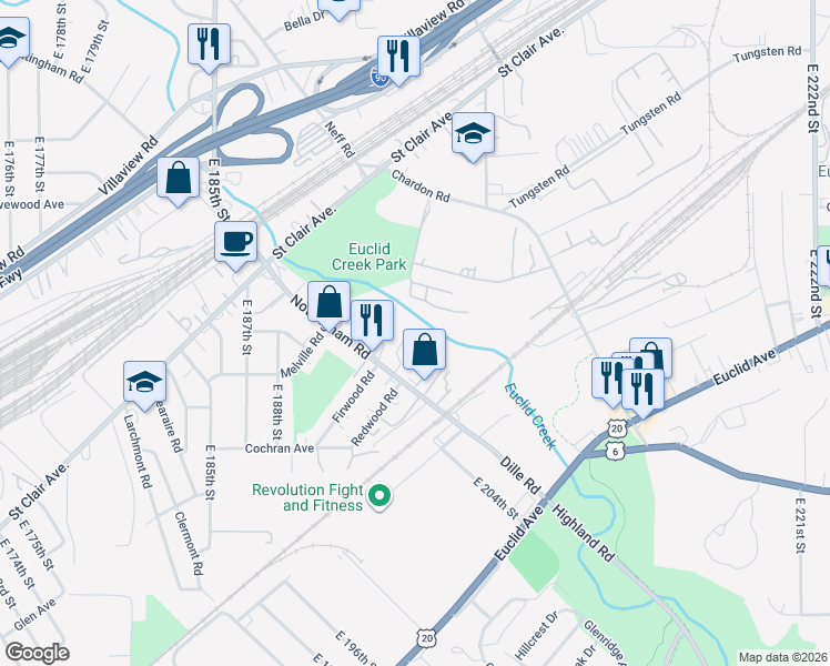 map of restaurants, bars, coffee shops, grocery stores, and more near 19629 Shelton Drive in Cleveland