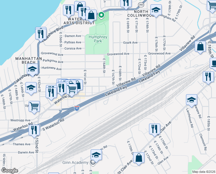 map of restaurants, bars, coffee shops, grocery stores, and more near 16409 Trafalgar Avenue in Cleveland