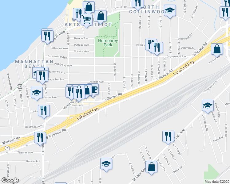 map of restaurants, bars, coffee shops, grocery stores, and more near 16409 Trafalgar Avenue in Cleveland